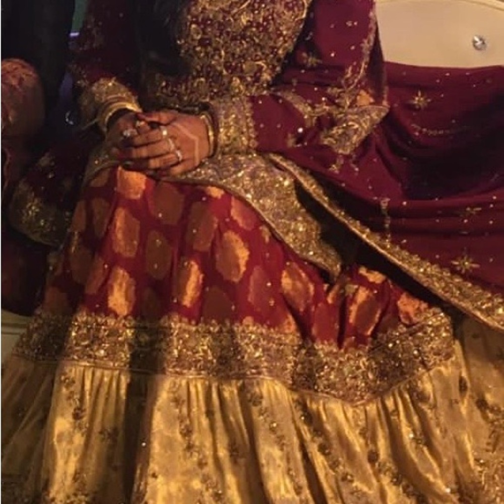 Elegant Maroon and Gold Embroidered Bridal Dress